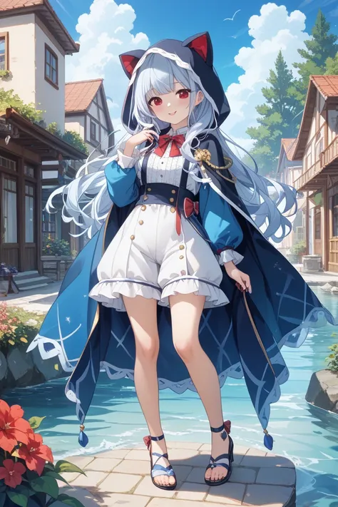 Clione、 red eyes、translucent ruffle long cape with hood、Unworn 、Sky blue long hair with long hair、Heart in the middle、ribbon、White Moe Sleeves、 black over the knee shorts、Water Angel Ring、The feet are translucent and the toes are faintly red、Pale skin、deep...