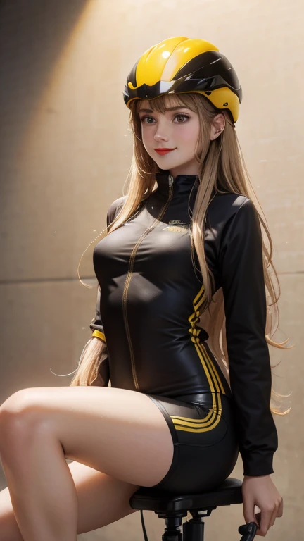 woman , long hair golden brown, normal, she is solo, from alternative world ,best quality, realistic, cycling full yellow black suit and cycling sports black shorts, she is stand , smile, red lipstick , helmet 