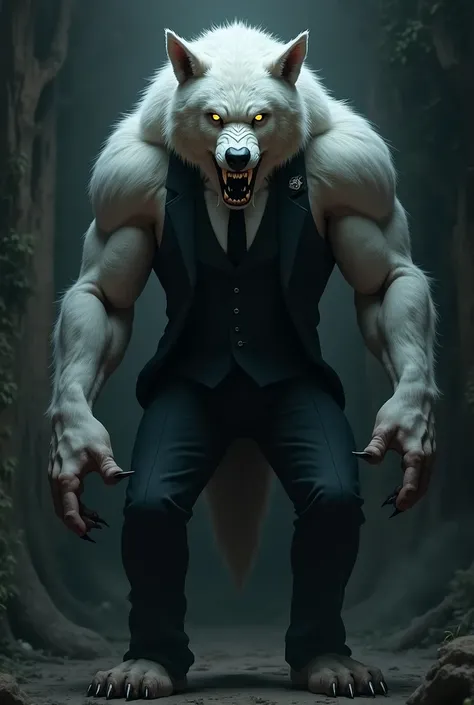 A strong white werewolf in a suit