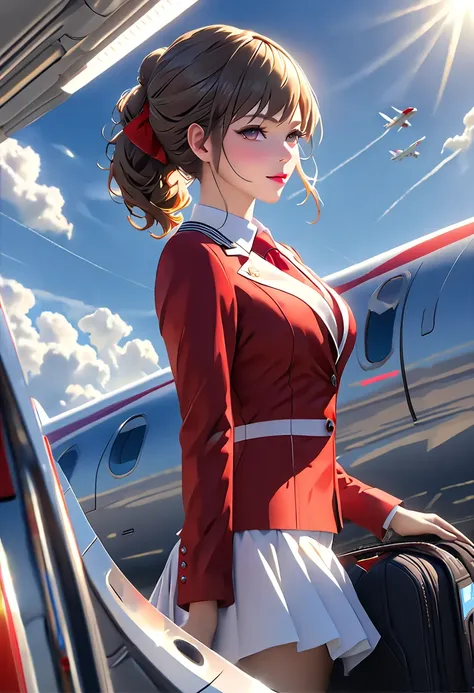  top quality,( RAW Photo:1.2),( masterpiece:1.4),( photorealistic:1.4),( Hi-Res:1.4),  1 girl,  depth synthesis,  flight attendant , Exquisite details,8k,  extremely detailed,  perfect lighting,  Epic Backgrounds 