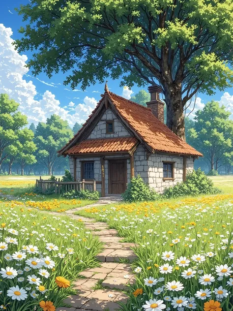 A quaint, stone cottage with an orange tile roof, nestled in a vibrant, sun-drenched meadow filled with wildflowers, under a partly white fullfy cloudy sky with a large, leafy tree providing shade." Additional details to enhance the prompt could include sp...