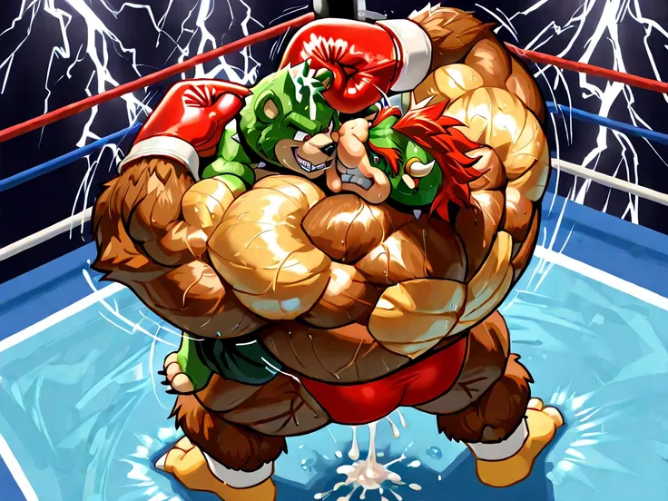 4k ultra quality, 4k full body view, masterpiece quality, giant bowser dominates Donkey Kong, wrestling, boxing glove, bearhug, [bowser :pain, arched back, cock, close eyes, muscular build, cum, gorilla], [Donkey Kong :carrying, arched back, hold head high...