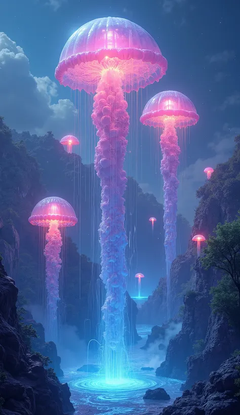 "A mystical kingdom floating in the sky, built on giant, glowing jellyfish that pulse with soft neon light, waterfalls cascading down from their translucent bodies into an endless cosmic sea below, ultra-HD, dreamy and colorful fantasy wallpaper."

