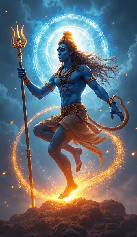 Shiva in his Nataraja form, dancing the cosmic Tandava on a stormy night. His golden crown glows like a burning sun, and his body radiates electric blue light. His trident spins in mid-air, surrounded by a ring of divine energy. Sheshnag slithers around hi...