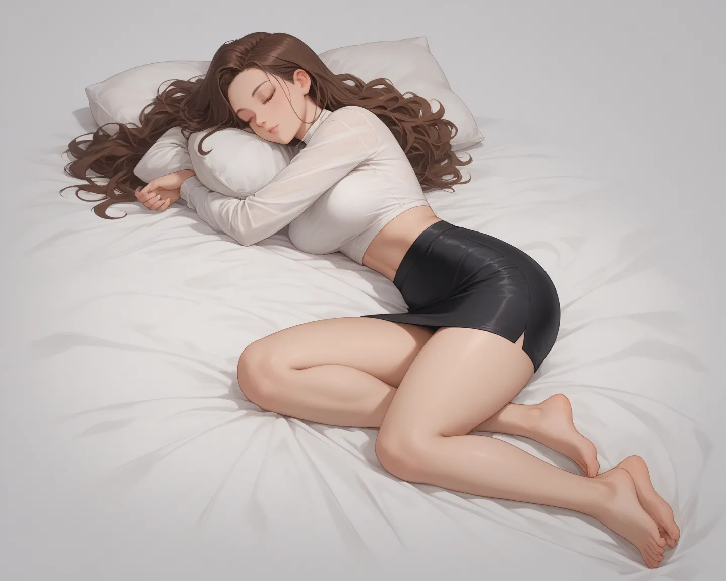 A woman ,beatiful face , long brown hair ,big hip , big thigh, breasts ,blue eyes ,full-body view, full white color background , white skinny crop shirt ,( high transparent (short  black skirt)) ,black tight , barefoot ,sleep on ultra luxury crimson bed, b...