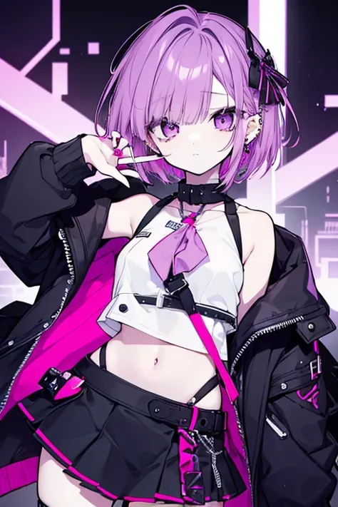  cool girl with short hair、Long, sharp eyes、 lots of piercings、 sleeveless、 shoulder out、 monotone outfit 、 miniskirt、 belly button out、 pink and purple hair 、