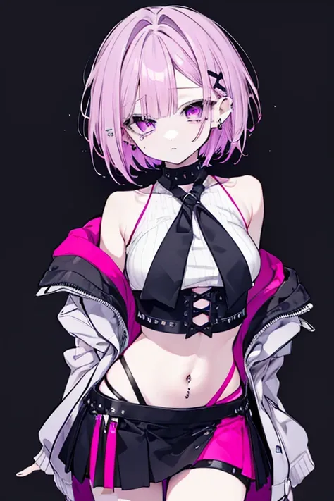  cool girl with short hair、Long, sharp eyes、 lots of piercings、 sleeveless、 shoulder out、 monotone outfit 、 miniskirt、 belly button out、 pink and purple hair 、