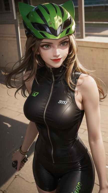 woman , long hair golden brown, normal, she is solo, from alternative world ,best quality, realistic, cycling full green black suit and cycling sports black shorts, she is stand , smile, red lipstick , helmet 