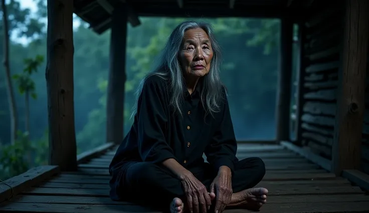 Ultra realistic photo work, original photo, 70 year old woman from Indonesia, with long, messy gray hair, full body photo, black kebaya, scary expression, sitting in a wooden house on stilts, barefoot, dark with light and smoky side background, trees in th...