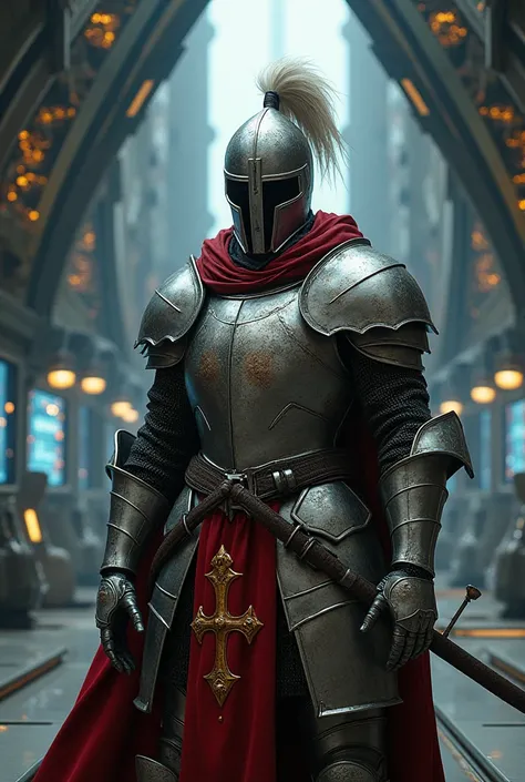 Medieval Templar Knight inside a technological ship 