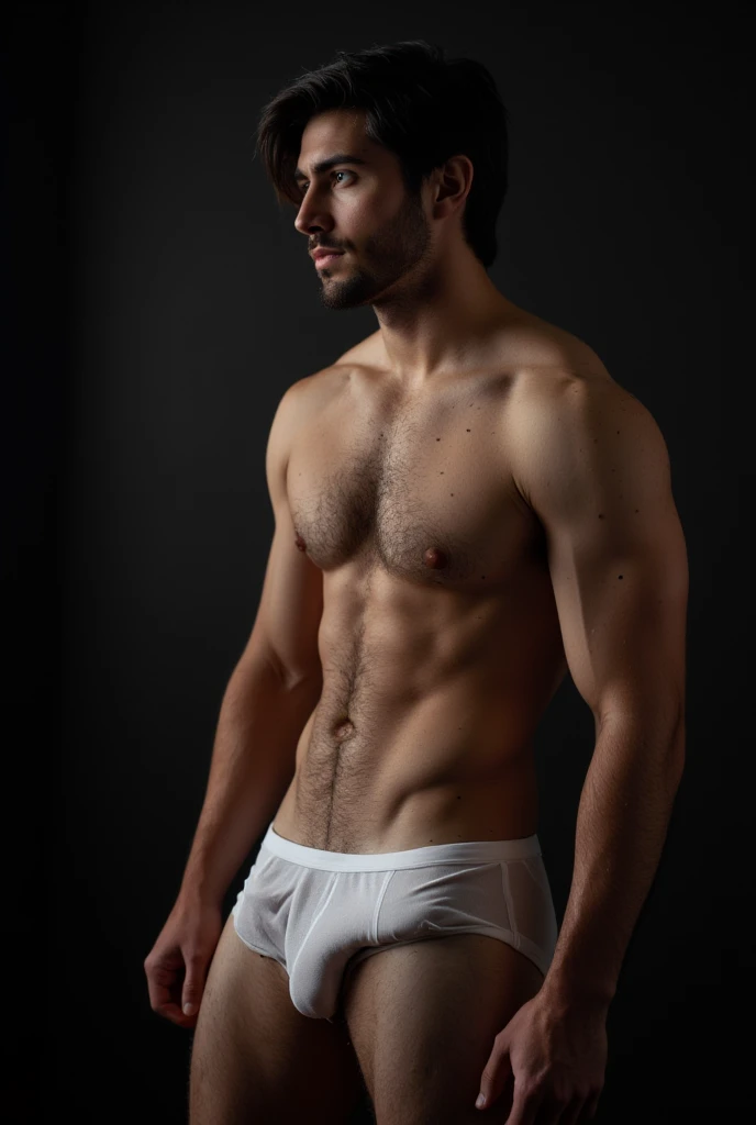  handsome Brazilian man , beautiful, high,  fair skin,  blue eyes,  detailed eyes,  large nose with a thin tip slightly raised upwards , Big mouth with thick lips ,  thick eyebrows, body hair,  unshaven, Muscles,  sculptural body,  defined chest, strong ar...