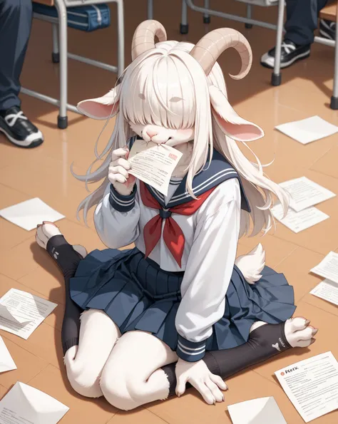 school girl , furry female goat , geek , Introvert , long hair , bangs , hair over eyes , school uniform , bold action , ballet pose , sit on floor , eat paper , 1 paper on mouth , (blow job:0.9)