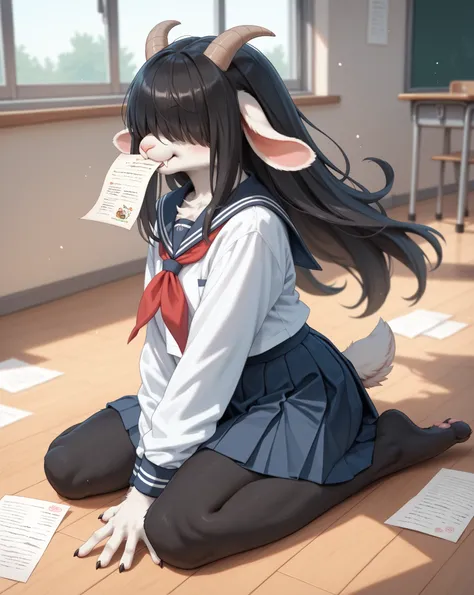 school girl , furry female goat , geek , Introvert , long hair , bangs , hair over eyes , school uniform , bold action , ballet pose , sit on floor , eat paper , 1 paper on mouth , (blow job:0.9)