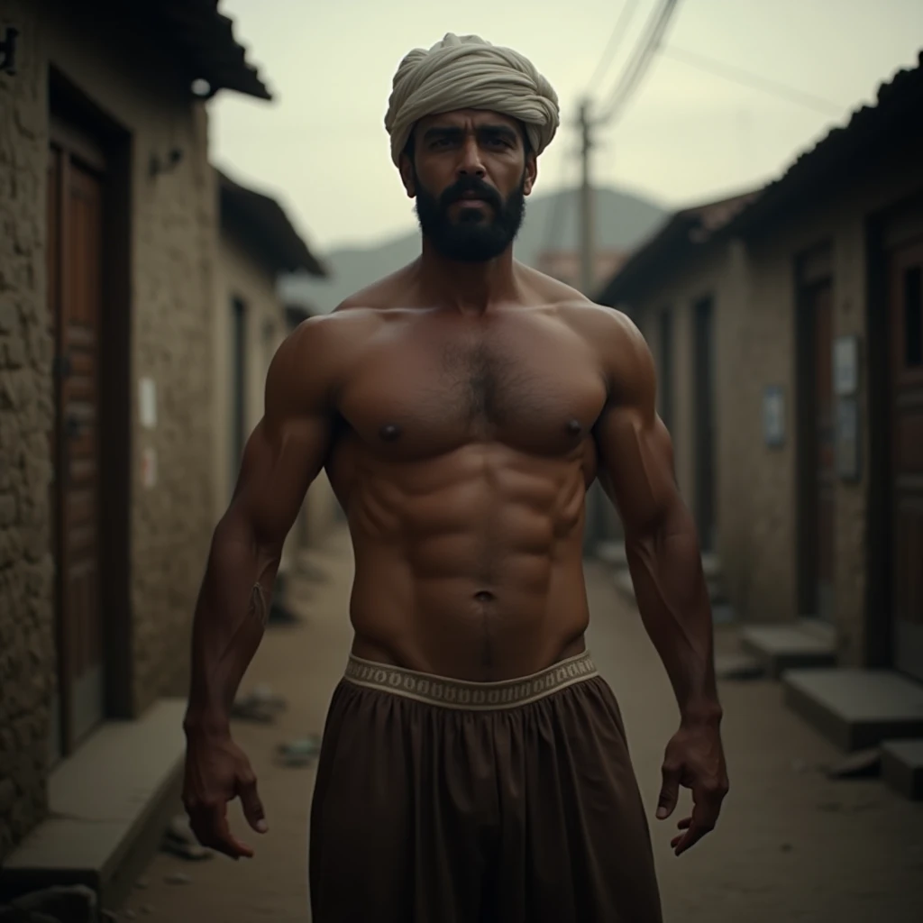 Strong  muscular Pakistani man with muslim hat. Huge chest. He is handsome and muscular. He has huge erection in his brown underwear. Dark aesthetic and colors. 35 mm. Professional cinematic. Dark pakistani village in background. 