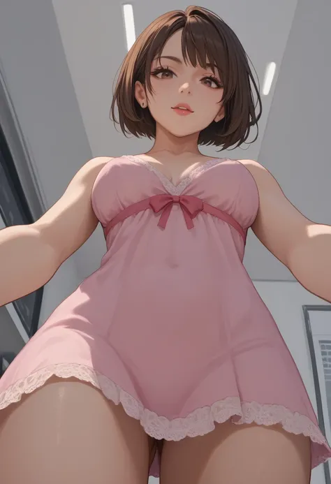 Score_9, Score_8_up, Score_7_up, Score_6_up, Score_5_up, Score_4_up, Source_anime, Tag1, Tag2, seductive face,1 girl, look at viewer, brown hair, bob hair, short hair,pink nightgown, BREAK Potrait, full body, pov (from below), 