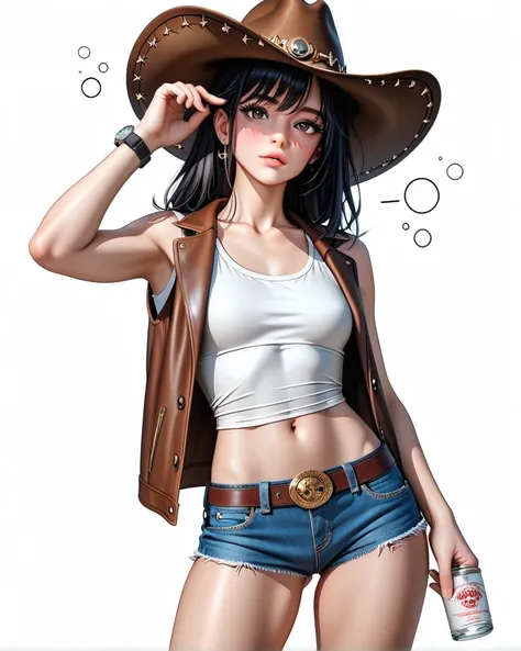 ((  girl_1 person:2.0)),(Light brown background  :1.0),(  slender body:1.2),(  Sleeveless Denim Vest  :1.1),(  Standing Shyly in Denim Micro Shorts:1.1),(Navel exposed),( drunk _ hiccups:1.3),(Standing in a provocative pose:1.0),Genuine skin , Tiny Breasts...