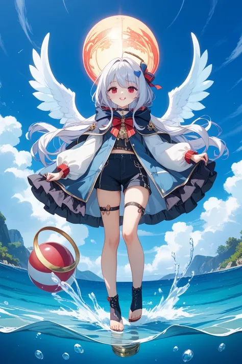 Clione、 red eyes、 hooded translucent ruffle long cloak、Unworn 、Sky Blue Crooked Wolf Shorthair、Heart in the middle、ribbon、White Moe Sleeves、black over the knee show pants、Water Angel Ring、The feet are translucent and the toes are faintly red、Pale skin、deep...