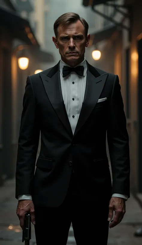 A stylish secret agent resembling James Bond, wearing a black tuxedo, holding a gun in one hand. The background is a dark alley with a cinematic glow