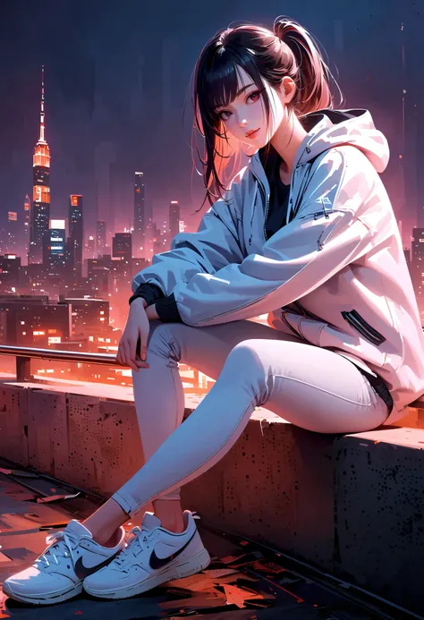  ultra-high resolution ，wallpaper， art book style ， height detail， cinematic lighting， surreal atmosphere ， bright color ， 8k resolution， full-body photo ， CLOTHING DETAILS， Realistic texture ，Rooftop， modern buildings，Twenty year old girl，Flesh， black hai...