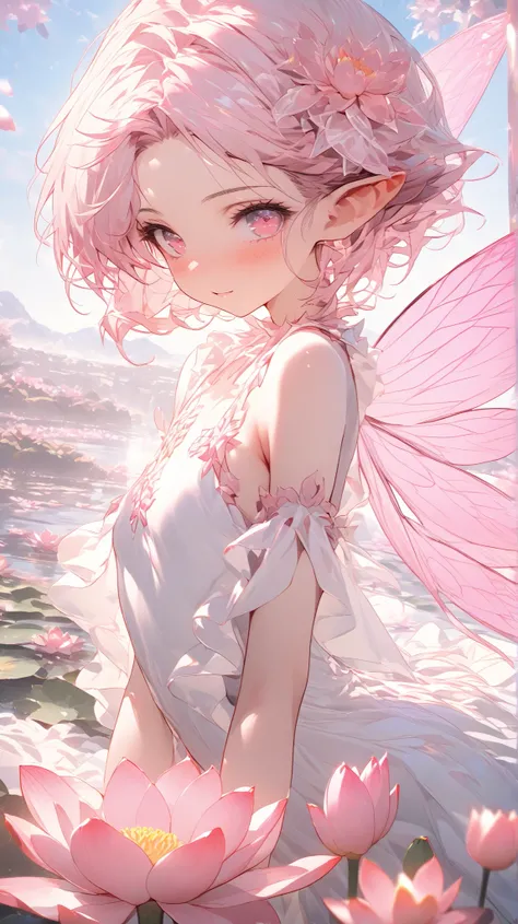 absurdres, highres, ultra detailed, HDR, 
, best quality, delicated features, pink lotus, fairy, lotus fairy, flower fae, sfw , modest, cute dress