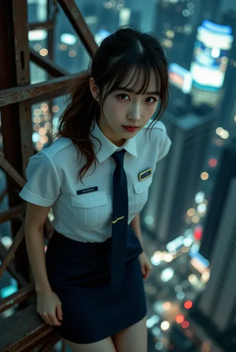 Sexy beautiful Japanese woman, a self defense officer uniform, wearing a white short-sleeved shirts, navy blue tie, navy blue pencil skirt, Black patent high heels, beautiful hip-line, Beautiful thighs, brown hair, bangs, floating hair, low ponytail, smile...