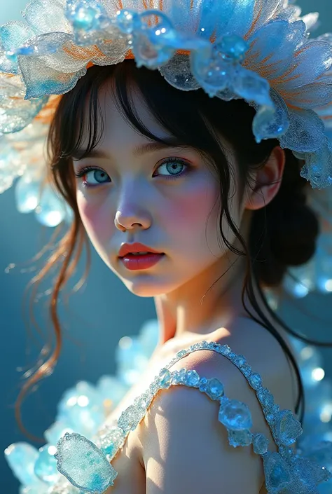 Beautiful blue colour eyes girl in hat and dress made of translucent multicoloured quartz