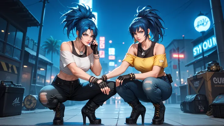 Sexy leona heidern,  blue eyes,  Long hair,  dark blue hair,  triangle earrings, dog tags,  wearing a mustard yellow off-shoulder blouse, black denim pants , high heel boots, pocket chain , bracelets on the hands ,  fingerless gloves , pink lips,  of foot,...