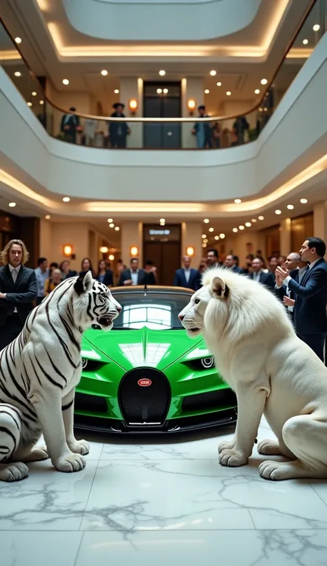 (photorealism:9.16) A white tiger is sitting face to face with a white lion in front of a green Bugatti Chiron Pur Sport car on the middle floor of the atrium of the luxury and magnificent shopping mall mall. A tiger and an equally large lion are facing ea...