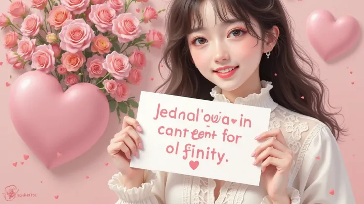 A beautiful and lovely woman holding a sign "I love infinity ", joy,  happy , Anime illustrations,  Realistic photo , painting