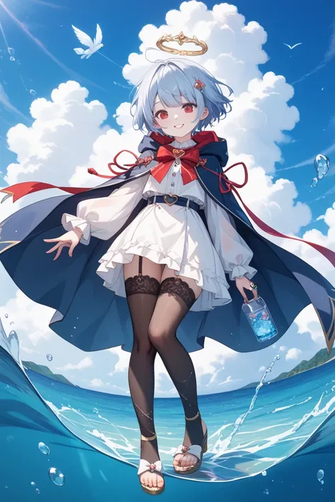 Clione、 red eyes、 hooded translucent ruffle long cloak、Unworn 、 sky blue quirky short hair、Heart in the middle、ribbon、White Moe Sleeves、black over the knee show pants、Water Angel Ring、The feet are translucent and the toes are faintly red、Pale skin、deep sea...