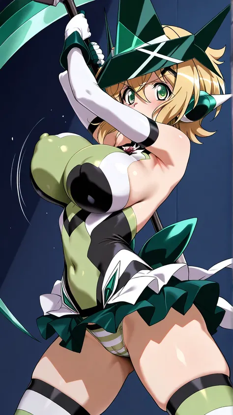 (masterpiece:1.4), (best quality), (ultra detailed), (8k, 4k, intricate), (highly detailed:1.2),((highly detailed)), official artview,1girl,upper body, fighting stance, oily skin, gleaming skin, green striped panties, motion line, bouncing breasts, puffy n...