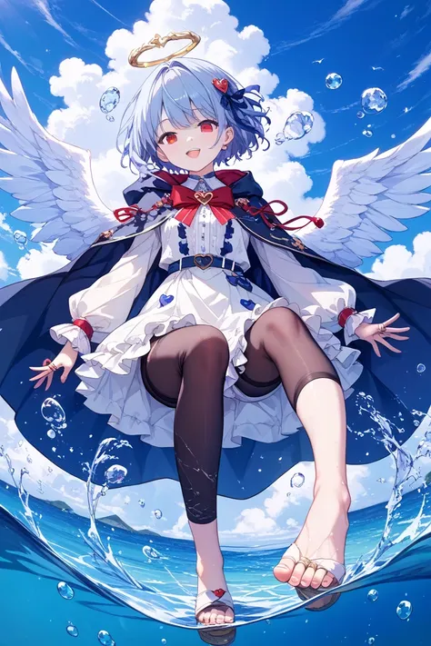 Clione、 red eyes、 hooded translucent ruffle long cloak、Unworn 、 sky blue quirky short hair、Heart in the middle、ribbon、White Moe Sleeves、black over the knee show pants、Water Angel Ring、The feet are translucent and the toes are faintly red、Pale skin、