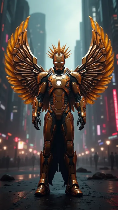 Ironman Dorado, With Cyber Wings, with a golden crown on her head 