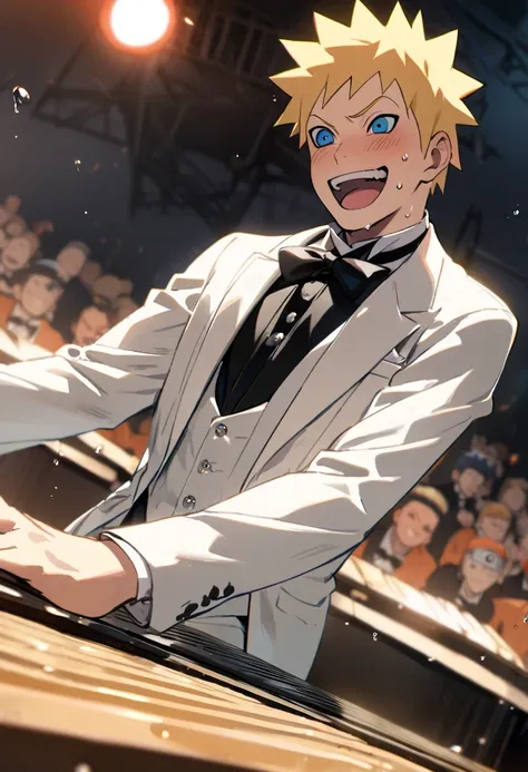 1boy,naruto uzumaki,naruto shipudden,solo,playing playing piano,stage,tuxedo,dutch angle,sweat,happy,materpiece,best quality