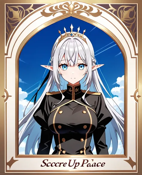  Fantasy、Big breasted elf、royal palace、Princess、 long hair、 Silver Hair、 tiara 