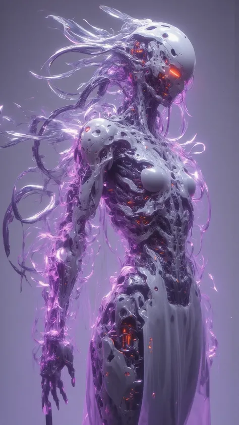  painstakingly crafted by the skilled artist Mschiffe in stunning 3D Rendering， shows a ghostly female form that looks from the side ， is like floating smoke 。 Her extraordinary structure ， composed of interwoven translucent gray-purple haze ， with subtle ...