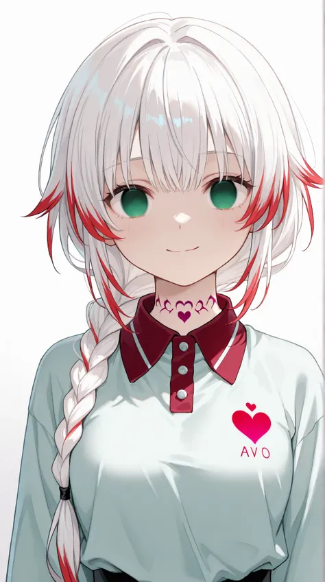 (Extremely detailed ), female, white hair with few red highlights strands,  single long braid starts below the neck and all the way down the end of the back knee, solo, emerald eye color both empty eyes,  anatomically correct, medium breast (clothed), smil...