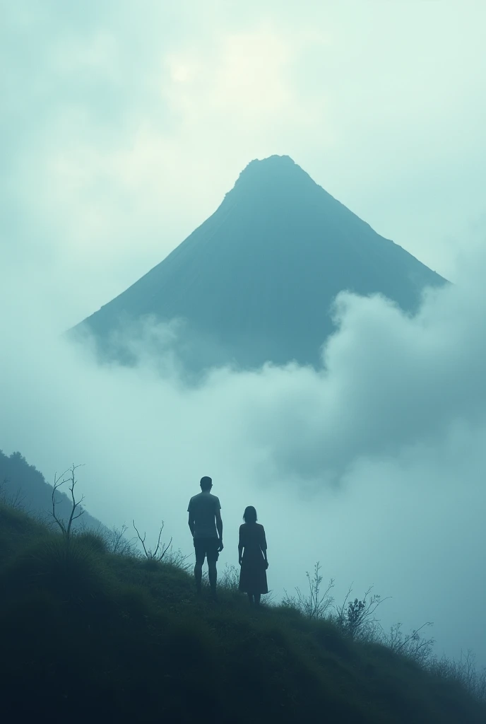 Mayon volcano with fog image of two person