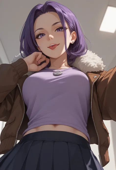 Score_9, Score_8_up, Score_7_up, Score_6_up, Score_5_up, Score_4_up, Source_anime, Tag1, Tag2, seductive face,1 girl, look at viewer, purple hair, pony hair, bomber jacket, purple tshirt, skirt, POV (from below), tongue out, selfie, 