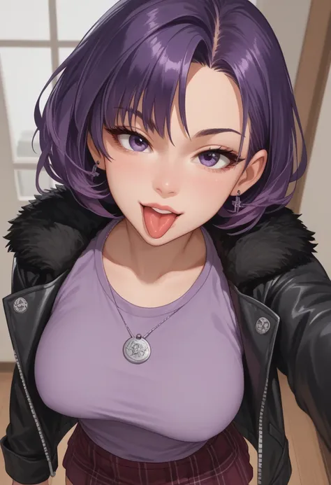 Score_9, Score_8_up, Score_7_up, Score_6_up, Score_5_up, Score_4_up, Source_anime, Tag1, Tag2, seductive face,1 girl, look at viewer, purple hair, pony hair, bomber jacket, purple tshirt, skirt, POV (from above), tongue out, selfie, 