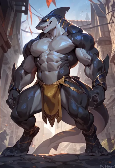 solo, male, humanoid shark god, super details, super detailed muscles, gray scales, white belly, fins on arms, muscular, menacing, sexy, handsome, super detailed yellow color slit eyes, super detailed teeth, pecs, dorsal fin, hind legs, digitigrade legs, 3...