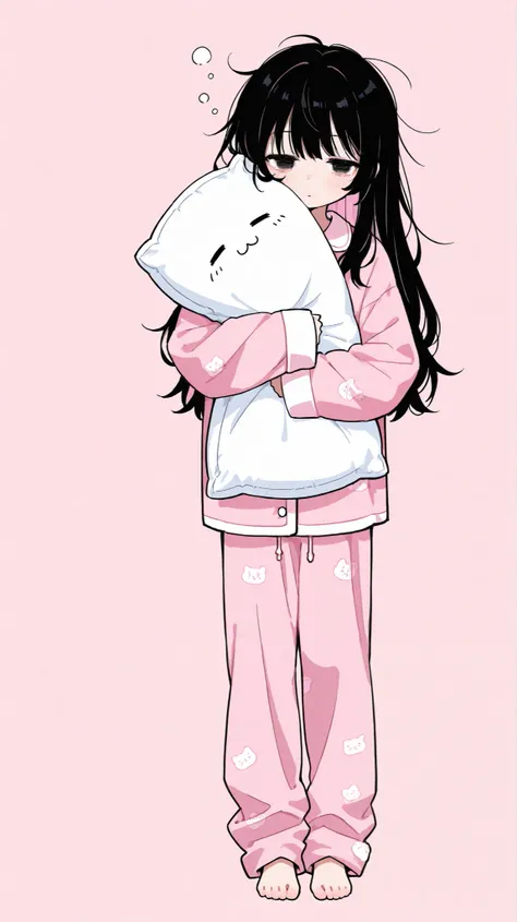  1 girl、 full body standing picture 、 black hair、Undressed Long Hair 、 pastel pink inner color、 fluffy pink long sleeve pajamas and pants、Sleepy eyes、 barefoot。 The background is gray。I'm holding one long body pillow。