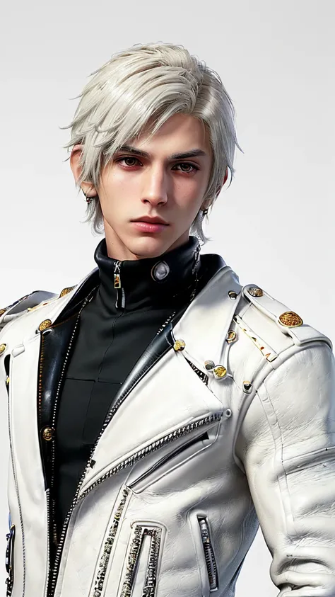 ((Final fantasy taste and reality graphics)), ((Japanese young cute and cool ikemen  boy)), his age is early 20s, thin eyebrows and beady eyes,, (((((boy wearing cream-white color thick leather and single-brest double zipper jacket))))), ,(((((jacket is vo...