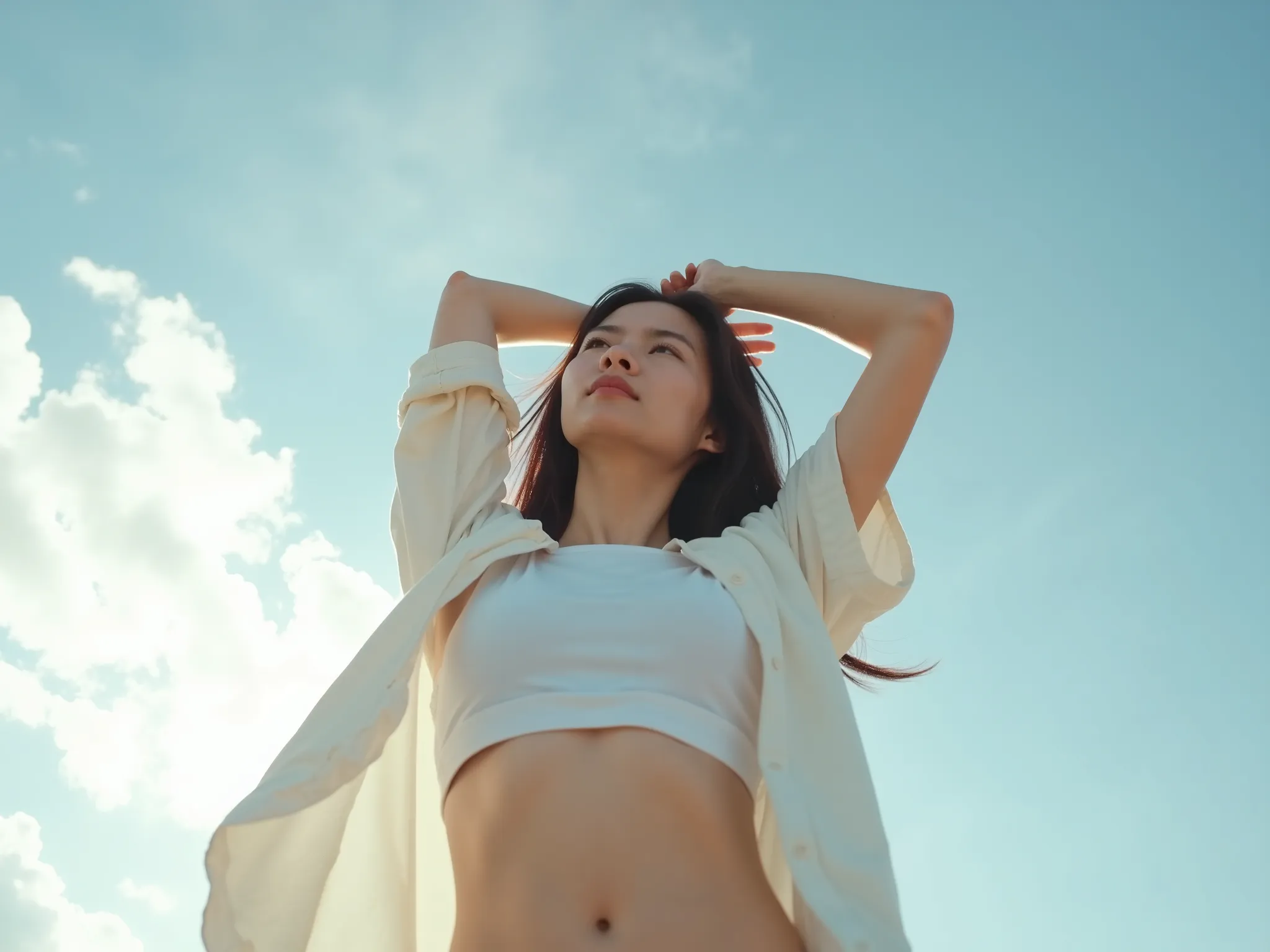 A young korean woman with long hair and a casual shirt stands outdoors on a sunny day, her arms raised to the sky as she stretches her body. The warm sunlight casts a gentle glow, highlighting the subtle curve of her navel and the outline of her underwear ...