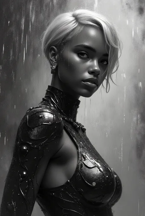  Digital Rain painting black  to white color gradient background, oil painting with visible impressionistic strokes of Beautiful cyborg, short blonde hair, muscular body, ((look 
alike of  Adut Akech )),Fashion pose ,chrome metallic body parts,, no clothes...