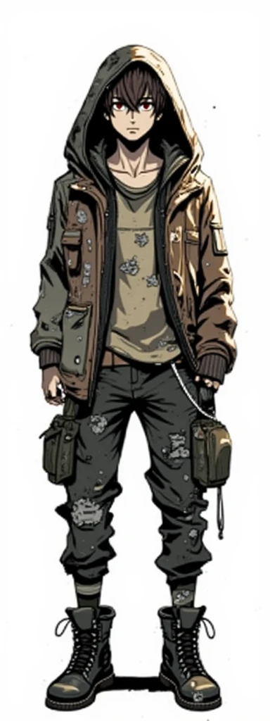 The full body of a young 18 year old man with untidy dark brown hair and rough appearance,  Japanese anime style illustration,  set in a post-apocalyptic urban environment .  an old brown jacket with multiple pockets ,  torn beige t-shirt ,  wearing utilit...