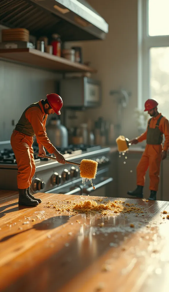 A highly detailed, realistic image of miniature workers cleaning a kitchen, highlighting the dramatic size difference between them and everyday objects. The scene features 3-5 tiny workers in cleaning uniforms, actively scrubbing a greasy stove, wiping a g...