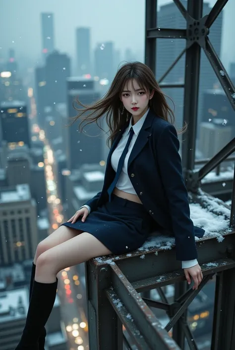 ((Sexy beautiful Japanese woman, a self defense officer uniform, wearing navy blue long coat, white shirts, navy blue tie, navy blue pencil mini skirt, epaulette, Black Thigh-high boots suede boots):1.5), beautiful hip-line, Beautiful thighs, dark brown ha...