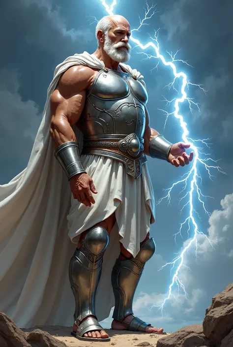 Zues holds a lightning bolt, skinny, shinning silver armor, sandal, slightly bald, moustache