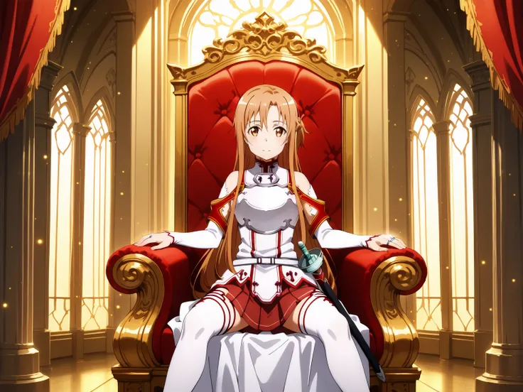 absurdres, sitting on throne, sitting, throne, throne room, straight-on, curtains, light particles, bokeh, loaded interior, indoors, solo, looking at viewer,BREAK MainOutfit_Asuna_ownwaifu, 1girl, asuna (sao), brown eyes, brown hair, bare shoulders, breast...